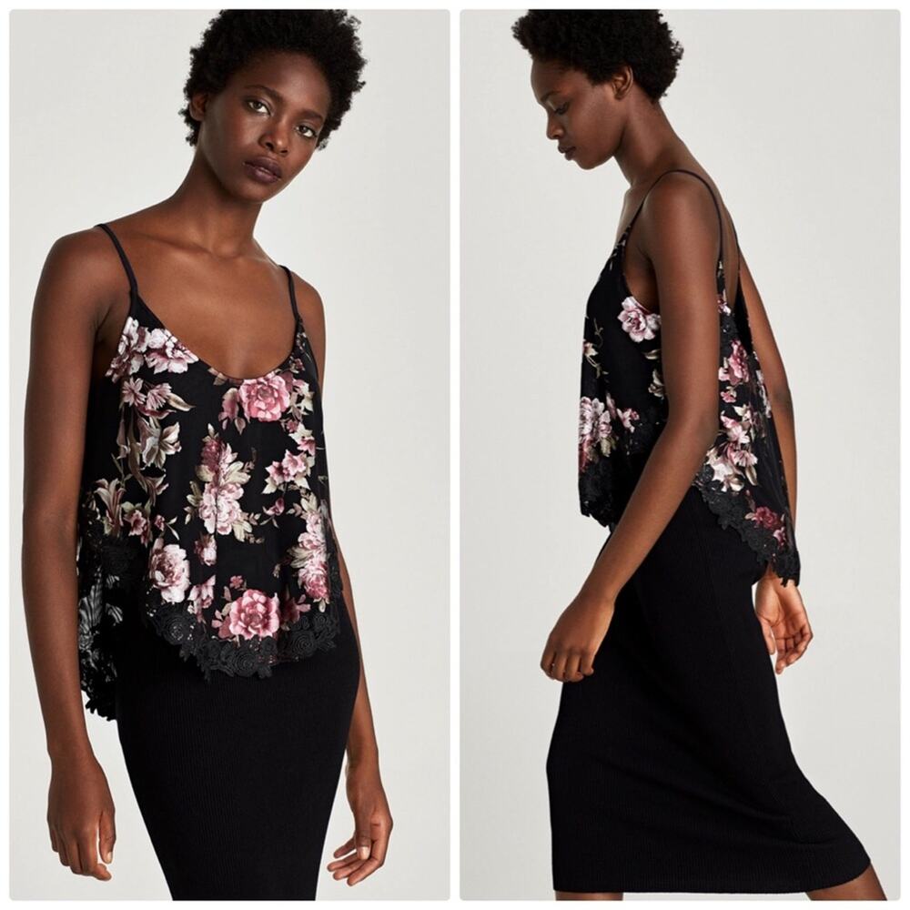 Zara Women's Black‎ Floral Embroidered Lace Hem Strappy Tank Top Size Small
